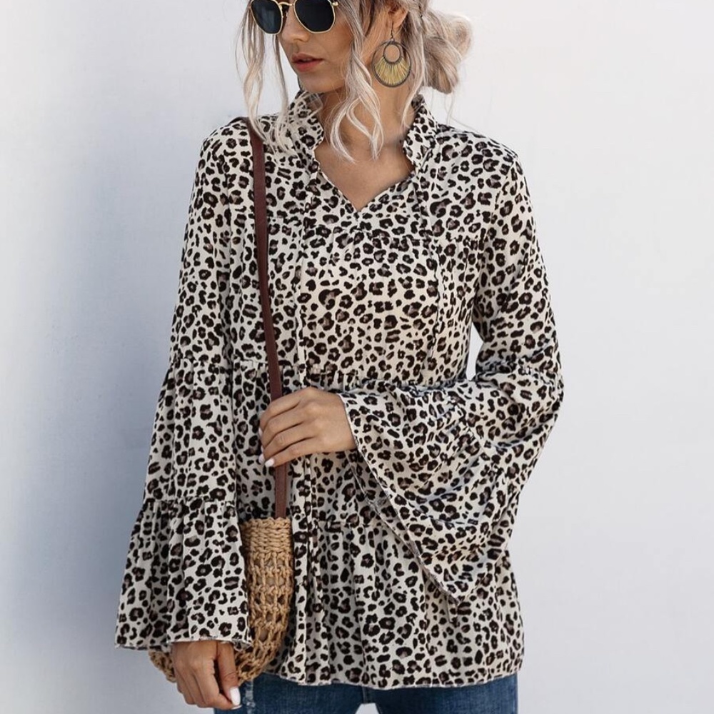 Leopard Print Peplum style long sleeve blouse - Picture 4 of 7